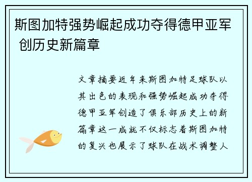 斯图加特强势崛起成功夺得德甲亚军 创历史新篇章 斯图加特强势崛起成功夺得德甲亚军 创历史新篇章